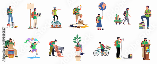 Flat Vector Illustration Set of Diverse Young Activists Advocating for Environmental Protection, Sustainability, and Climate Change Action through Various Peaceful Protests.