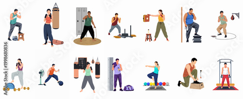 Collection of diverse men and women practicing boxing and various fitness exercises in a gym setting, flat vector illustration.