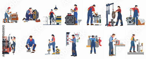 Set of diverse mechanics and engineers repairing and maintaining various industrial engines, motors, and mechanical equipment in a professional workshop environment.