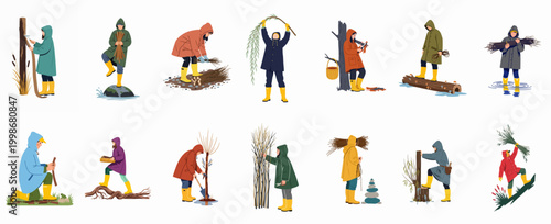 Set of illustrations depicting people in raincoats and boots gathering wood, planting trees, and working with branches in a wetland environment.