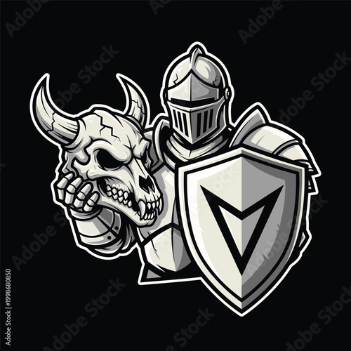 Medieval knight with bull skull trophy.