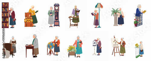 Set of illustrations depicting an active and intellectual elderly woman engaged in various hobbies and daily activities, isolated on white background.