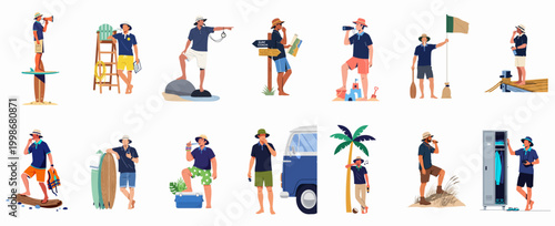 Vector illustration set featuring a man in various outdoor, beach, and coaching activities, including surfing, lifeguarding, and traveling.
