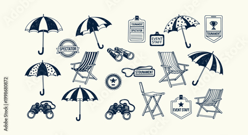 Collection of hand drawn sports tournament spectator icons featuring umbrellas chairs and badges.