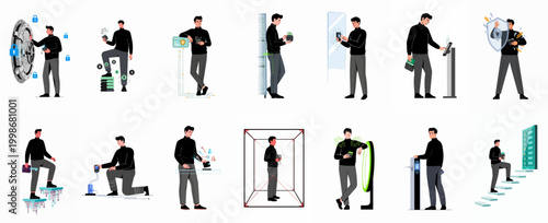 Set of illustrations showing a man managing digital security, cryptocurrency, blockchain technology, and advanced biometric authentication systems in a modern, stylized aesthetic.