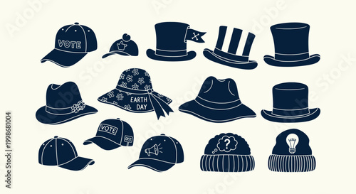 Various Hat Silhouettes Set with Baseball Caps Top Hats Fedoras Beanies and Earth Day Accessories