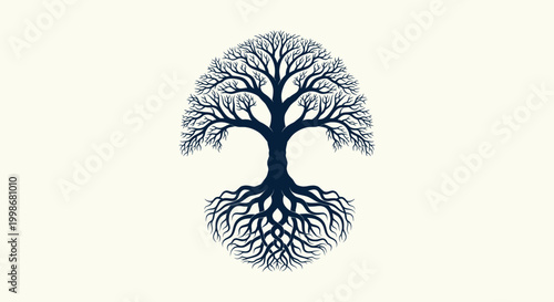 Stylized Navy Blue Tree of Life Graphic with Symmetrical Roots and Branches on Neutral Background