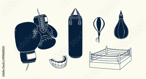 Boxing Equipment Vector Illustration with Gloves Punching Bag Ring Speed Bag and Mouthguard Set