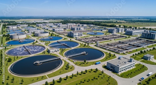 Aerial View of a Modern Wastewater Treatment Plant with Circular Clarifiers and Industrial Buildings, Environmental Engineering and Infrastructure Concept Photography