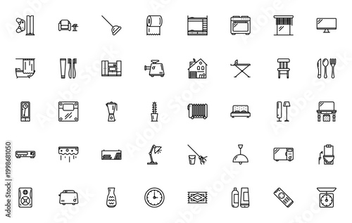 Household icon set. Vector illustration of home items including furniture, appliances, and tools like armchair, oven, bathtub, and more. Editable stroke.