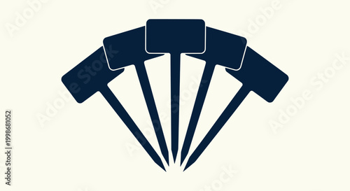 Set of five dark blue T-shaped garden markers silhouette for plant identification and labeling.