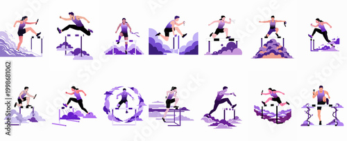 Vector set of diverse athletes jumping over hurdles, representing the concept of overcoming obstacles and achieving success in track and field athletics.