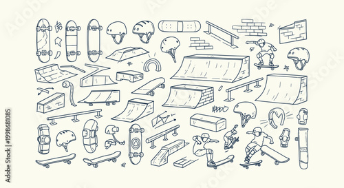 Collection of hand drawn skateboarding doodles with ramps, skateboards, helmets and active skaters.