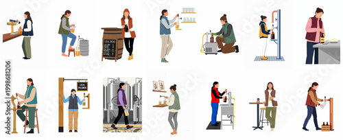 Flat vector illustration set of craft brewery workers and bartenders pouring beer, filling growlers, and working in a taproom or brewery environment.