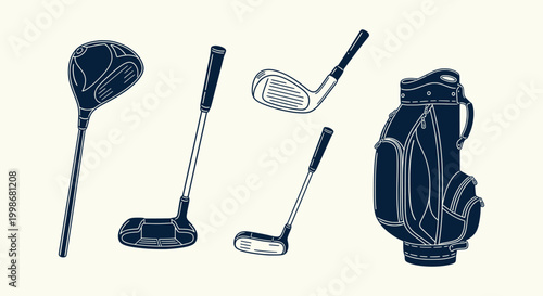 Hand-drawn golf equipment set with driver, putter, iron club and golf bag icons for sport design.