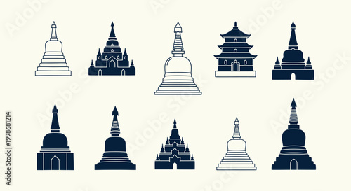 Set of Myanmar Buddhist Pagoda Vector Icons and Stupa Silhouettes for Religious Design Concepts