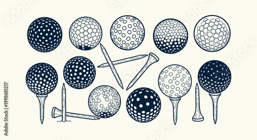Vintage Style Hand Drawn Golf Ball and Tee Illustrations Set for Sport Graphic Design and Logo