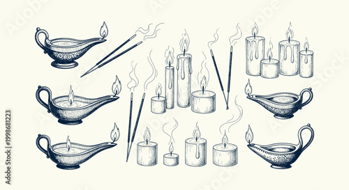 Vintage hand drawn oil lamps burning candles and incense sticks sketches set for ritual design.