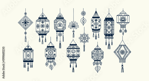 Collection of Traditional Vesak Lantern Line Art Icons for Sri Lankan Buddhist Festival Decoration