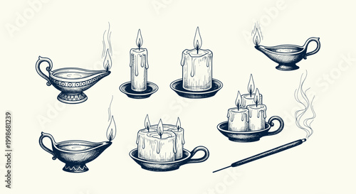 Vintage Hand Drawn Ritual Candle and Oil Lamp Illustration Set for Mystical and Esoteric Design