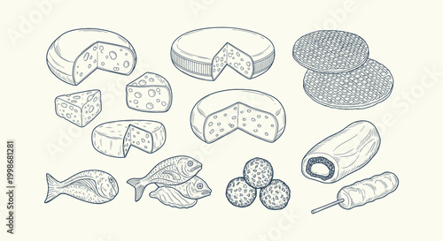 Traditional Dutch snacks and food collection with cheese stroopwafels fish and bitterballen sketch