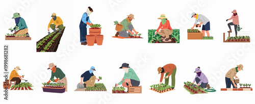 Set of flat vector illustrations of people planting, tending, and harvesting radishes in gardens, wearing hats and UPF protective gear for sun safety.