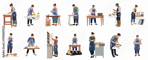 Collection of illustrated characters in blue aprons performing various baking activities like kneading, rolling dough, and preparing sweet treats in a kitchen setting.