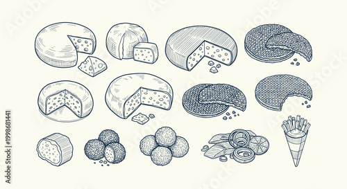 Hand Drawn Vintage Engraving Style Sketches of Traditional Dutch Snacks Cheese Waffles and Fish