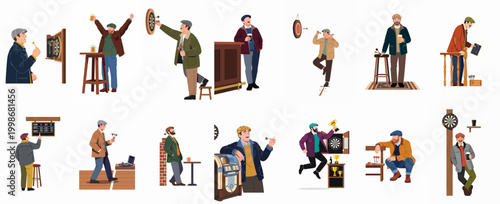 Collection of flat-capped men enjoying pub activities, playing darts, drinking beer, and celebrating wins in various social and competitive scenes.