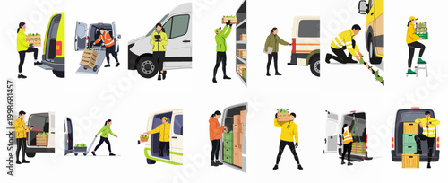 Flat illustration set of delivery workers loading and unloading crates of fresh produce from vans, depicting logistics, distribution, and warehouse operations.