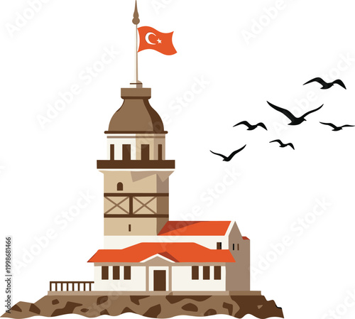 Maiden’s Tower Istanbul silhouette flat vector illustration featuring historic landmark with Turkish flag, cultural heritage architecture design art, black-and-white drawing