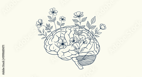 Minimalist Line Art Illustration of Human Brain with Blooming Flowers Representing Mental Wellness