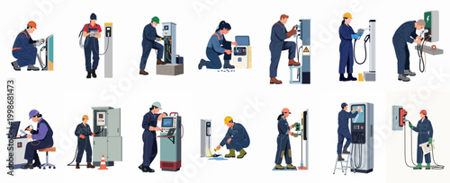 Collection of diverse industrial workers and electricians repairing EV charging stations, control panels, and electrical equipment in flat vector style.