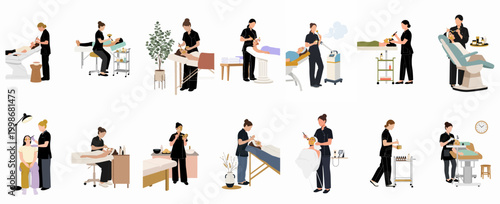 Collection of flat vector illustrations depicting professional beauticians performing various facial skin care treatments, masks, and procedures in a modern spa or salon.