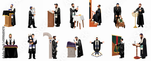 Collection of illustrations depicting Jewish men performing various religious rituals and traditions, including reading the Torah, praying, and celebrating holidays.
