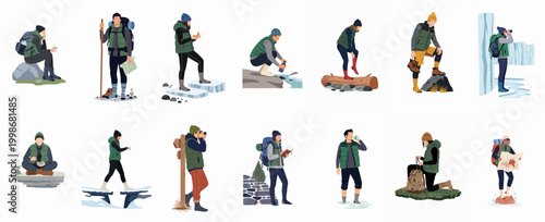 Vector character set featuring hikers and backpackers engaged in various outdoor activities like map reading, trekking, and camping in the wilderness.