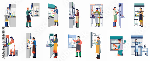 Set of diverse scientists and researchers performing various experiments and safety procedures in a modern laboratory, flat vector illustration collection.