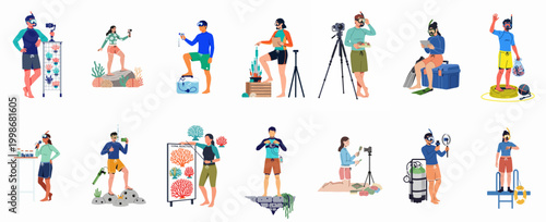 Diverse set of marine biologists and ocean researchers studying coral reefs, monitoring bleaching, and using scientific equipment for underwater conservation and environmental protection.