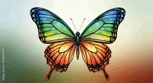 Vibrant rainbow butterfly with detailed wings against a soft gradient background