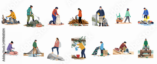 Illustration Set of People Volunteering for Environmental Cleanup, Removing Plastic and Debris from Beaches and Natural Habitats.