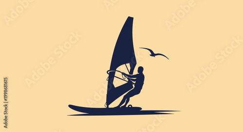 Dark silhouette of a windsurfer on a board with a large sail and a bird flying overhead