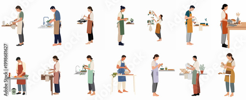 Flat vector illustration set of diverse people engaged in various kitchen activities like cooking, baking, washing dishes, and preparing healthy meals