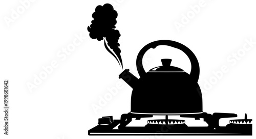 Silhouette of a kettle steaming on a stovetop