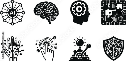 WebArtificial intelligence technology icons collection, AI brain circuit robotics cybersecurity vector illustration