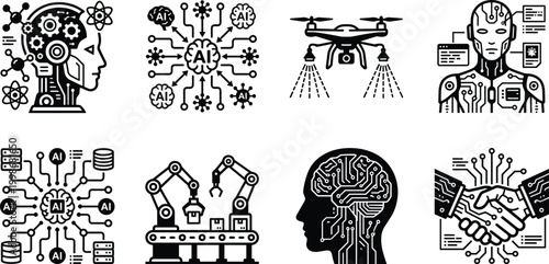 Artificial intelligence technology icons collection, AI brain circuit robotics cybersecurity vector illustration, innovation automation  - black and white flat vector illustration