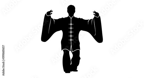 Black silhouette of person in traditional flowing robe performing a slow, deliberate movement