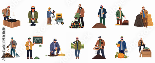 Comprehensive set of male gardeners and farmers engaged in composting activities, illustrating organic waste recycling, soil enrichment, and sustainable agricultural practices.