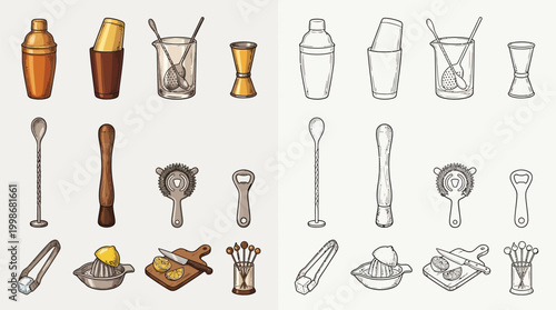 Slika na platnu Collection of hand-drawn cocktail bar tools and accessories, presented in both color and outline versions for design purposes