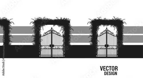Ornate gates framed by climbing vines against a backdrop of horizontal gray stripes