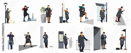 Set of vector illustrations depicting a male photographer in a stylish coat exploring and capturing images in different city environments.